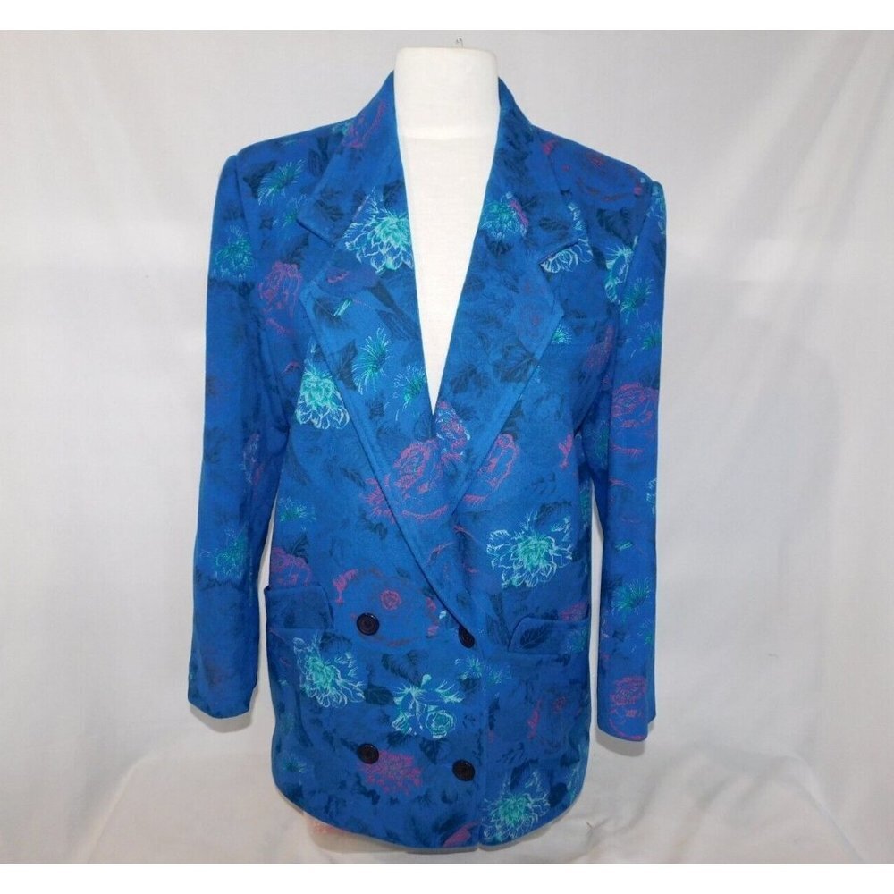 VTG LOUBEN Blue Floral Wool Blend Oversized Blazer Jacket Shoulder Pads Women 8